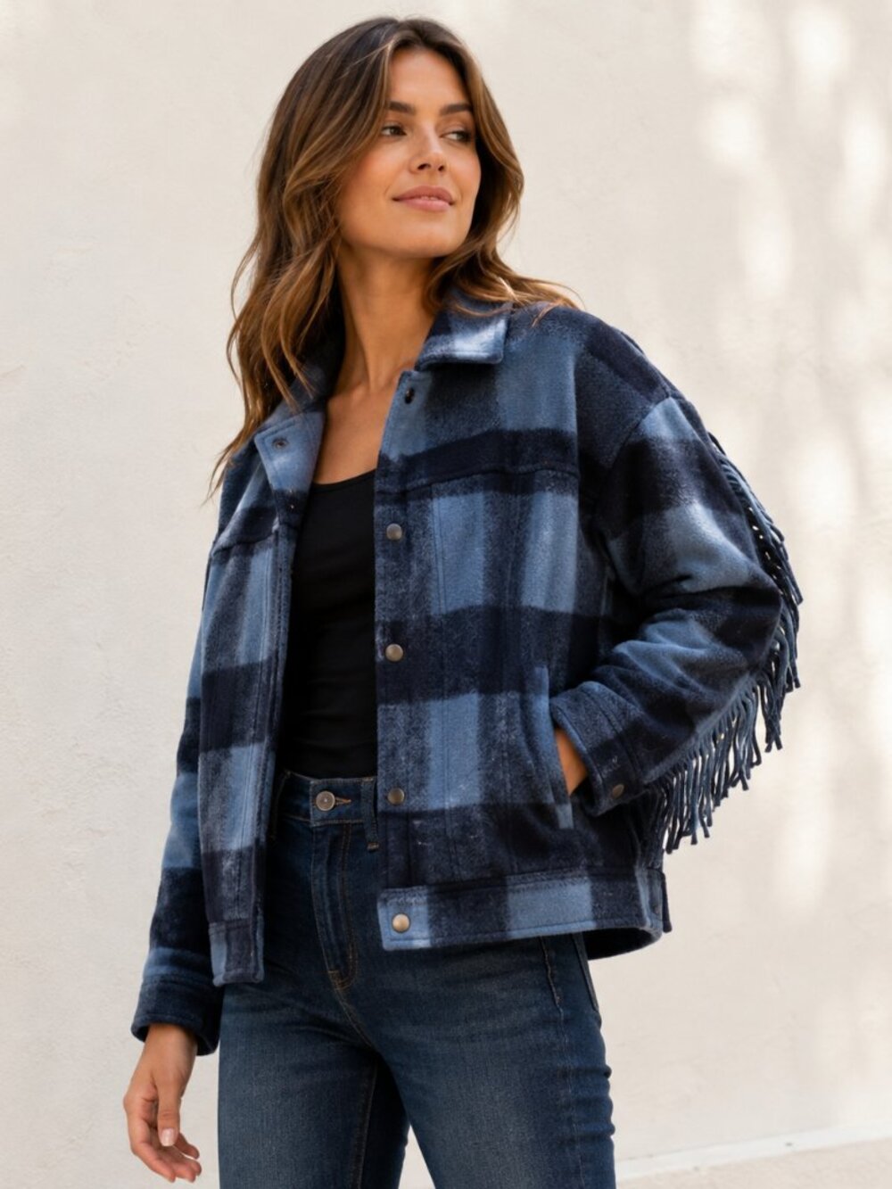 Saltwater Luxe Blue Plaid Fringe Shacket Jacket Size L Western Boho NWT
